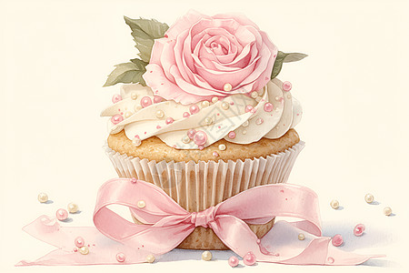 珍珠蛋糕精致玫瑰与珍珠装饰的水彩风格杯子蛋糕插画