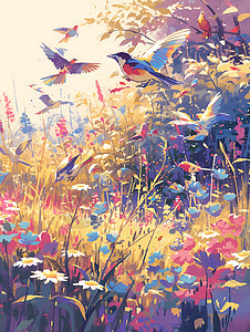 野花丛里的小鸟背景图片