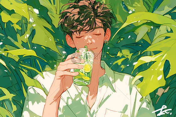 男子喝着绿色饮料图片