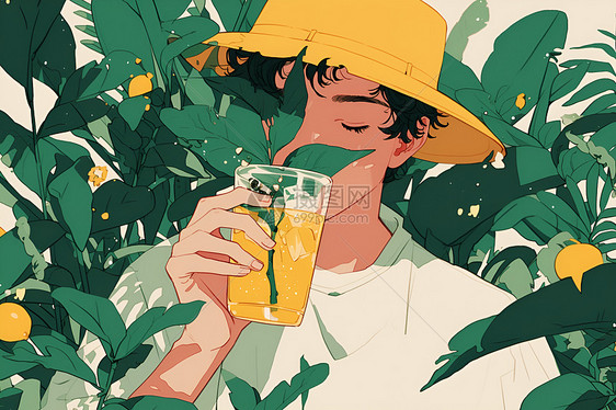 树影下喝饮料的男人图片