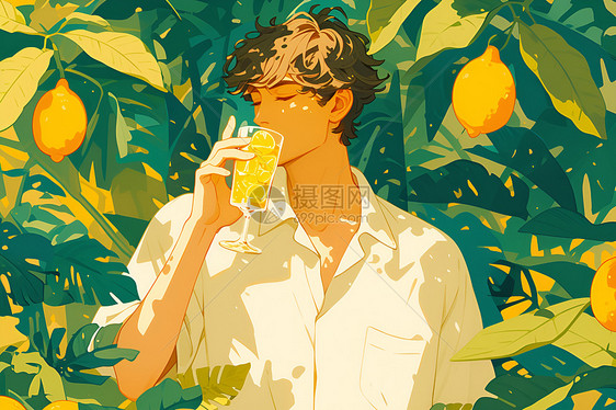 男子在柠檬树下品味果酒图片