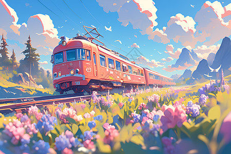浪漫的列车穿越花海图片