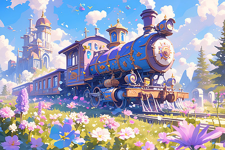 紫色火车穿越花海的奇幻插图图片
