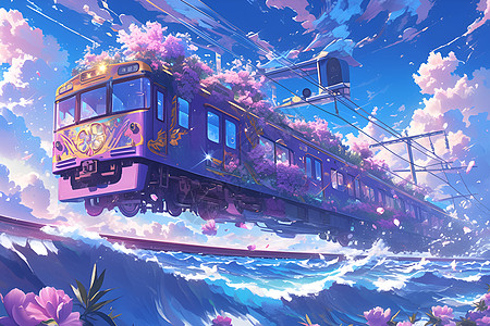 紫色的火车在天空下行驶图片