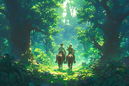 骑着马穿行与森林中图片