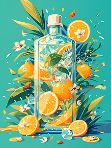 瓶装橙汁与植物图片