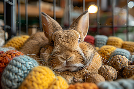 兔子在蓬松的床上图片