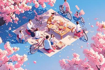 樱花树下野餐的人物图片
