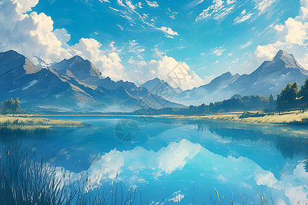 天空倒映迷人湖泊背景图片