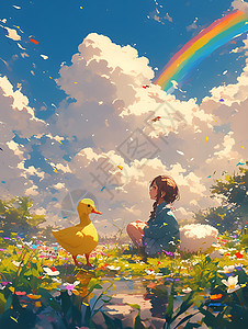 彩虹下的鸭子和女孩图片