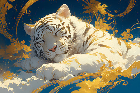 白虎在蓝天下沉睡背景图片