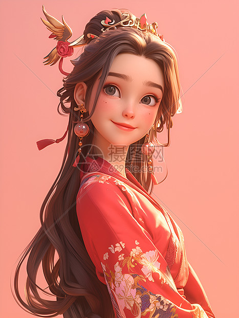 红裙少女插画图片