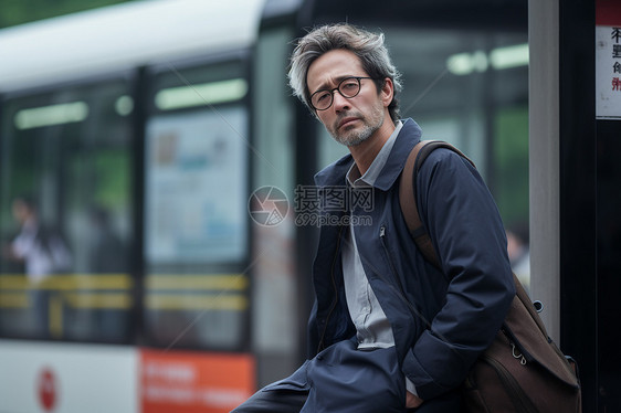 公交车站旁边的男子图片
