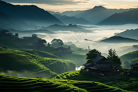 晨雾笼罩的梯田背景