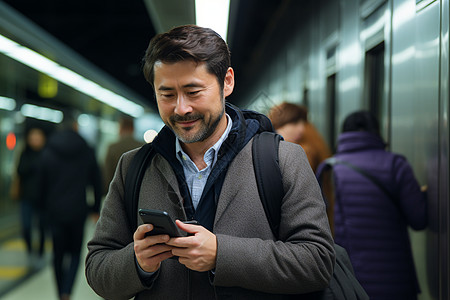 地铁里的男子看手机图片