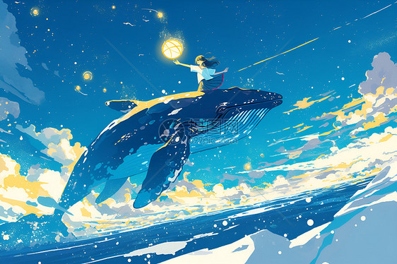 星空下少女骑着蓝鲸图片