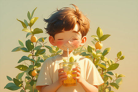 夏日少年喝果汁图片