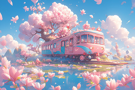粉色火车在春日穿行图片