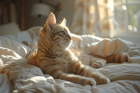 躺在床上晒太阳的猫咪图片