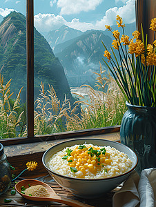 窗台上的玉米粥背景图片