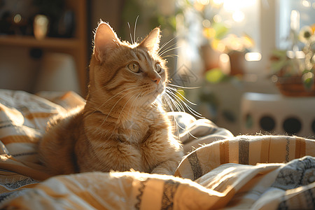 毯子上的猫咪晒太阳图片