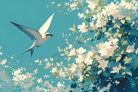 春日的飞鸟和花朵图片