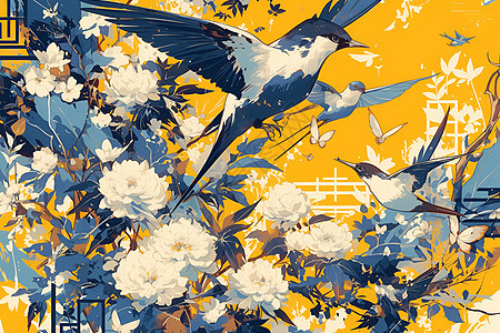 花丛飞翔的燕子背景图片