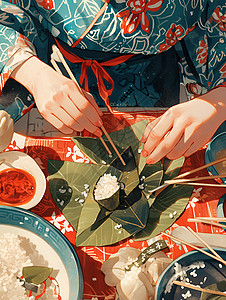 女孩拆开粽子图片