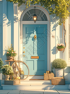 蓝色大门和盆栽图片