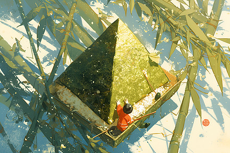 绿色竹林中的三角形糯米饭图片