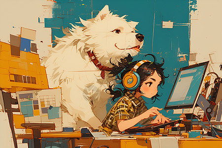 女孩和一只狗一起看电脑图片