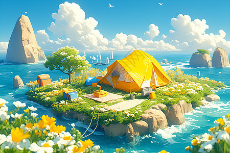海上浮岛的露营帐篷图片