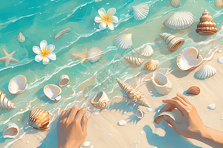 海滩海星沙滩上捡贝壳的人插画