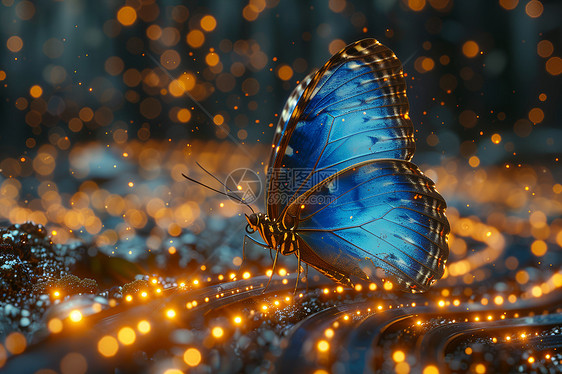 金光中优美的蓝色蝴蝶图片