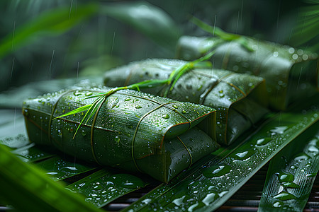 翠绿竹叶包裹的粽子图片