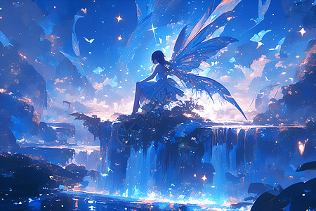 蓝色瀑布流星瀑布中的仙子插画