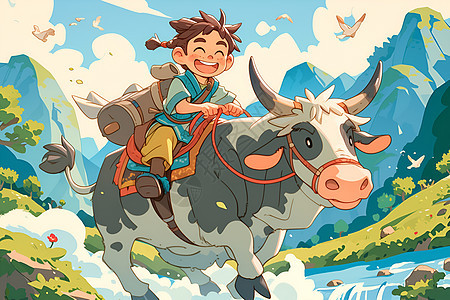 少年骑牛过山河背景图片