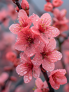 春日细雨中的粉色花海图片