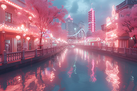 粉色梦幻背景城市中的河流和霓虹灯插画