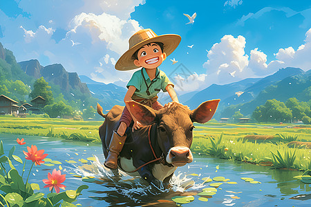 骑哈雷小男孩骑牛过河插画