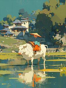 牧童在乡村放牛背景图片