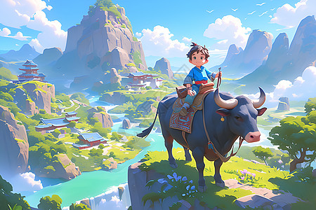 小男孩骑着牛在山水如画的背景下图片