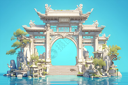 水墨丹青中国式拱形建筑背景图片