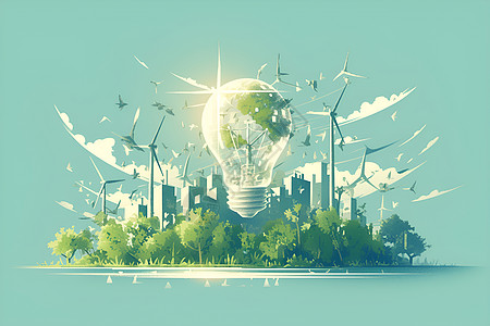 生态城市绿色都市中的光能灯泡插画