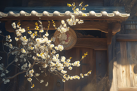 古建筑枝头盛开的梅花图片