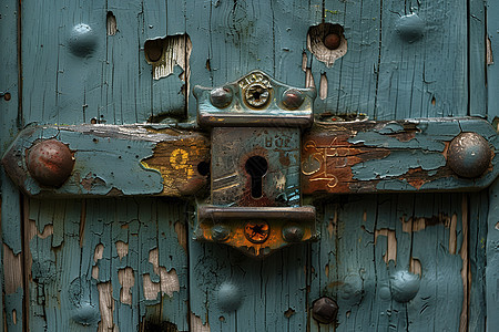 古朴木门的钥匙孔图片