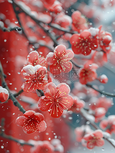 冰雪红墙梅花图片