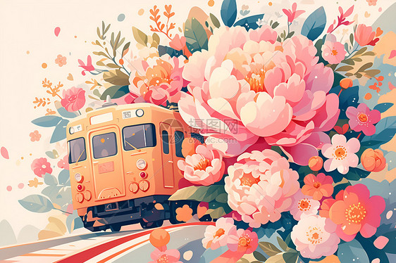 粉色火车穿行在鲜花中图片