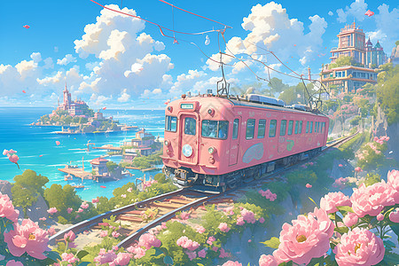 小火车穿行在繁花盛开的童话世界图片