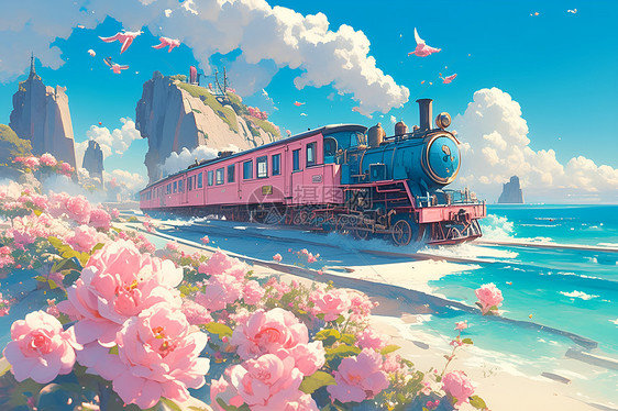 粉色火车在海滩上前行图片